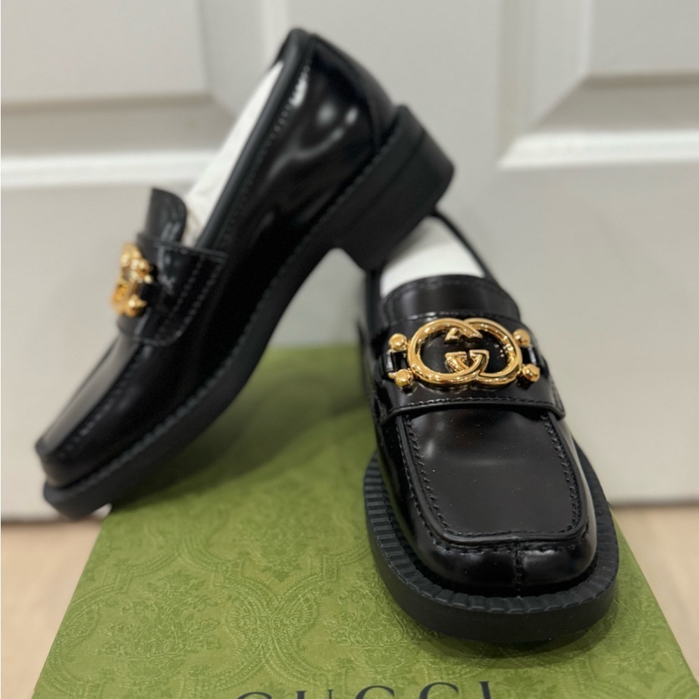 GUCCI Authentic Spice Lux Nappa Black Patent Gold Interlocking G Loafers US 4 34